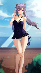 Rule 34 | 1girl, absurdres, alternate costume, bare arms, bare shoulders, blue one-piece swimsuit, breasts, cleavage, collarbone, double bun, genshin impact, hair bun, hair ornament, hand in own hair, high heels, highres, keqing (genshin impact), kong ting, looking at viewer, one-piece swimsuit, outdoors, parted lips, purple eyes, purple footwear, purple hair, smile, solo, standing, swimsuit, thighs