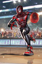 Rule 34 | aaron davis, ball, basketball, basketball (object), basketball court, black bodysuit, bodysuit, character request, comic cover, cosplay, cover image, covered abs, crowd, dark-skinned male, dark skin, dribbling (basketball), highres, kael ngu, kobe bryant, kobe bryant (cosplay), marvel, miles morales, official art, playing sports, prowler (marvel), red footwear, shoes, sneakers, solo focus, spider-man, spider-man: into the spider-verse, spider-man (miles morales), spider-man (series), spider-verse, spider web print, superhero costume, venom (marvel), wilson fisk