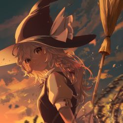 Rule 34 | 1girl, black hat, black vest, blonde hair, bow, braid, broom, closed mouth, hair between eyes, hat, hat bow, highres, kirisame marisa, long hair, puffy short sleeves, puffy sleeves, short sleeves, single braid, smile, solo, tami (joemanyodw), touhou, upper body, vest, white bow, witch hat, yellow eyes