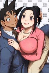 Rule 34 | 1boy, 1girl, black eyes, black hair, blush, breasts, chi-chi (dragon ball), cleavage, closed mouth, couple, denim, dragon ball, dragonball z, formal, harumaki, hetero, jeans, jewelry, large breasts, necklace, pants, short hair, smile, son goku, spiked hair, suit
