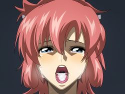 Rule 34 | 1girl, blue eyes, crying, crying with eyes open, cum, cum in mouth, cum on tongue, eyebrows, face, female focus, gundam, gundam seed, gundam seed destiny, kh-fullhouse, lacus clyne, looking at viewer, open mouth, pink hair, simple background, tears, teeth, tongue, tongue out, upper teeth only, uvula
