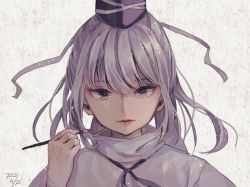 Rule 34 | 1girl, dated, eyebrows hidden by hair, grey background, grey eyes, hand up, hat, holding, holding paintbrush, japanese clothes, kariginu, lips, long hair, looking at viewer, m (neteitai10), mononobe no futo, paintbrush, parted lips, ponytail, portrait, silver hair, simple background, solo, swept bangs, tate eboshi, touhou, upper body