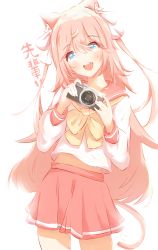 Rule 34 | 1girl, absurdres, animal ear fluff, animal ears, blue eyes, blush, camera, cat ears, commentary, cowboy shot, crossed bangs, hair between eyes, hands up, highres, holding, holding camera, jerry3912, long hair, long sleeves, looking at viewer, midriff, neckerchief, open mouth, original, pink hair, pink sailor collar, pink skirt, pleated skirt, puffy sleeves, sailor collar, school uniform, shirt, sidelocks, skirt, smile, solo, standing, tail, teeth, translated, upper teeth only, white background, white shirt, yellow neckerchief