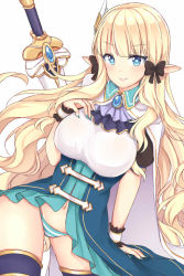 Rule 34 | blonde hair, breasts, capelet, cloak, heart, heart-shaped pupils, large breasts, long hair, mo (k40633), panties, princess connect!, saren (princess connect!), solo, striped clothes, striped panties, symbol-shaped pupils, thighhighs, underwear, white background