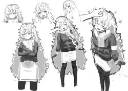 Rule 34 | + +, 1girl, 1other, absurdres, blush, closed eyes, crossed arms, flat chest, flower, gloves, goddess of victory: nikke, greyscale, headpat, highres, jacket, monochrome, multiple views, open mouth, pencil skirt, poli (nikke), poli (sweet holic) (nikke), scarf, simple background, sketch, skirt, standing, thighhighs, triangle mouth, twoteeth, wavy mouth, white background