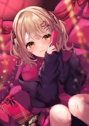 Rule 34 | 1girl, 7naako5, absurdres, azusawa kohane, blush, box, chocolate, closed mouth, dress, earrings, hair ornament, hair ribbon, hairclip, heart, heart hair ornament, highres, holding, holding box, jacket, jewelry, knees together feet apart, light brown hair, light particles, long sleeves, looking at viewer, orange eyes, project sekai, purple jacket, red dress, red ribbon, red shirt, ribbon, shirt, short hair, short twintails, sitting, twintails, valentine