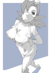 Rule 34 | + +, beaker, between breasts, breasts, choker, cleavage, earrings, greyscale, hair over one eye, hands on own hips, hat, highres, jewelry, large breasts, leg wrap, looking at viewer, looking up, mask, monochrome, mouth mask, nurse cap, otu 025, ponytail, skullgirls, solo, spot color, surgical mask, symbol-shaped pupils, valentine (skullgirls)