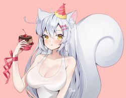 Rule 34 | 1girl, :t, ahoge, animal ear fluff, animal ears, artist request, bare arms, bare shoulders, blush, breasts, cake, cherry, cleavage, collarbone, commission, food, fruit, hair between eyes, hair ornament, hairclip, hand up, hat, highres, holding, holding food, large breasts, large tail, long hair, looking at viewer, original, party hat, pink background, pink hat, pink ribbon, ribbon, riss, second-party source, simple background, solo, squirrel ears, squirrel tail, tail, tank top, upper body, very long hair, white hair, white tank top, wrist ribbon, yellow eyes