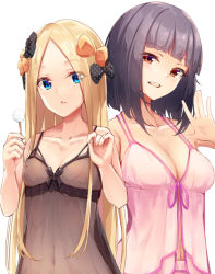Rule 34 | 2girls, abigail williams (fate), babydoll, bare shoulders, black bow, blonde hair, blue eyes, blunt bangs, blush, bow, breasts, cleavage, collarbone, covered navel, cucchiore, fate/grand order, fate (series), forehead, hair bow, katsushika hokusai (fate), long hair, looking at viewer, medium hair, mimikaki, multiple girls, multiple hair bows, open mouth, orange bow, parted bangs, parted lips, red eyes, short hair, sidelocks, simple background, small breasts, smile, white background