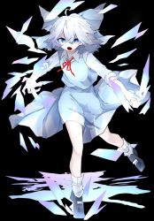 Rule 34 | 1girl, black background, black footwear, blue bow, blue eyes, blue skirt, blue vest, bow, bright pupils, cirno, collared shirt, full body, hair bow, highres, ice, ice wings, long sleeves, looking at viewer, open mouth, shirt, short hair, simple background, skirt, solo, touhou, vest, vivo (vivo sun 0222), white hair, white legwear, white pupils, white shirt, wings