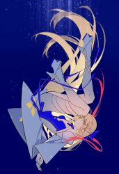 1girl artoria_caster_(fate) artoria_pendragon_(fate) blonde_hair blue_background dress fate/grand_order fate_(series) floating green_eyes high_heels highres idass_(idass16) long_hair looking_at_viewer ribbon sparkle upside-down