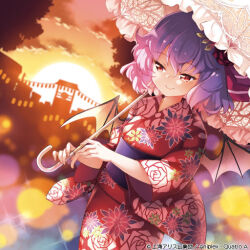 Rule 34 | 1girl, album cover, bat wings, blue hair, cityscape, closed mouth, cloud, commentary request, cover, festival, fingernails, floral print, flower, frilled umbrella, frills, hair flower, hair ornament, half-closed eyes, holding, holding umbrella, iosys, japanese clothes, kimono, kito (sorahate), lantern, leaf hair ornament, long sleeves, official alternate costume, official art, orange sky, outdoors, parasol, purple sash, red eyes, red flower, red kimono, red rose, remilia scarlet, remilia scarlet (yukata), rose, short hair, sky, slit pupils, smile, sparkle, sun, sunset, touhou, touhou cannonball, tree, umbrella, white umbrella, wide sleeves, wings, yukata