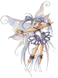 Rule 34 | 1990s (style), 1girl, :d, ankle bow, ankle cuffs, ankle ribbon, bare arms, bare legs, bare shoulders, barefoot, blue eyes, blue hair, bow, choker, dress, earrings, fairy, fairy wings, floating, hair rings, jewelry, kouklotheatro, legs apart, looking at viewer, medium hair, naas (kouklotheatro), non-web source, official art, open mouth, ouse kohime, outstretched arms, pointy ears, retro artstyle, ribbon, short dress, simple background, smile, solo, spread arms, twintails, white background, white bow, white dress, wings, wrist bow, wrist cuffs