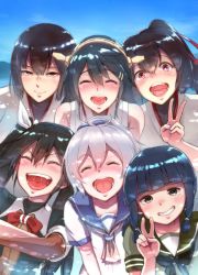 Rule 34 | 10s, 6+girls, ^ ^, aoba (kancolle), bifidus, black hair, blue sky, blunt bangs, blush, bow, braid, brown eyes, brown hair, closed eyes, commentary request, crossed arms, day, elbow gloves, gloves, grey hair, grin, hair ornament, hair ribbon, hair scrunchie, hairband, haruna (kancolle), headgear, hyuuga (kancolle), ise (kancolle), japanese clothes, kantai collection, kitakami (kancolle), long hair, multiple girls, neckerchief, nontraditional miko, ocean, open mouth, pink hair, ponytail, ribbon, school uniform, scrunchie, serafuku, short hair, short sleeves, sidelocks, sky, sleeveless, smile, tone (kancolle), twintails, v