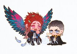 &gt;:( 2boys bald ben-day_dots black_pants blue_eyes blue_feathers blue_necktie blue_wings bright_pupils chaos_(warhammer) chibi chibi_only closed_mouth colored_skin commission demon_primarch english_text feathered_wings feathers formal_clothes frown gradient_wings hashtag-only_commentary highres holding holding_feather iron_warriors long_hair looking_at_another magicalduck21 magnus_the_red male_focus mechanical_parts multicolored_wings multiple_boys necktie open_mouth pants perturabo pink_eyes pink_skin pink_wings primarch puff_of_air red_hair red_skin scarf screentones simple_background striped_clothes striped_necktie striped_scarf suit tearing_up teeth thousand_sons two-tone_wings tzeentch upper_teeth_only v-shaped_eyebrows warhammer_40k watermark white_background white_pupils wings