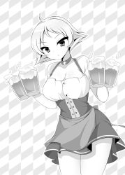 Rule 34 | 1girl, alcohol, apron, beer, beer mug, breasts, checkered background, choker, cleavage, commentary, cowboy shot, cup, dirndl, dress, erwin (girls und panzer), german clothes, girls und panzer, greyscale, highres, holding, holding cup, large breasts, looking at viewer, monochrome, mug, parted lips, pointy hair, ryochapu, short dress, short hair, single horizontal stripe, solo, standing, underbust, waist apron
