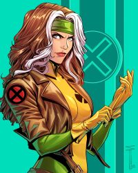 Rule 34 | 1girl, aqua background, blue eyes, bodysuit, brown hair, brown jacket, cropped jacket, dyed bangs, gloves, green bodysuit, green headband, headband, highres, jacket, long hair, looking at viewer, marvel, multicolored hair, open clothes, open jacket, rogue (x-men), sergacuna, short-sleeved jacket, short sleeves, signature, solo, two-tone background, two-tone bodysuit, two-tone hair, upper body, white hair, x-men, x-men: the animated series, yellow bodysuit, yellow gloves