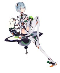 Rule 34 | 1girl, adapted costume, alternate costume, arm support, ayanami rei, blue hair, blush, bodysuit, bracer, breasts, clothing cutout, expressionless, from side, full body, gloves, hair between eyes, hair ornament, hairpods, highres, hip vent, interface headset, knee up, long legs, looking at viewer, nangcha, navel, navel cutout, neon genesis evangelion, pilot suit, plugsuit, red eyes, short hair, silver hair, simple background, sitting, skinny, small breasts, solo, turtleneck, underboob, underboob cutout, white background