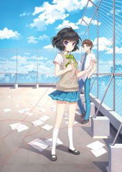Rule 34 | 1boy, 1girl, black hair, blue sky, bow, brown eyes, brown hair, chain-link fence, chiyoda momose, cloud, cover, cover page, day, dress shirt, fence, full body, hands in pockets, kneehighs, looking at viewer, mary janes, mole, mole under eye, nardack, necktie, nonomura tsukumo, novel cover, original, pants, paper, papers, plaid, plaid bow, plaid ribbon, pleated skirt, purple eyes, ribbon, rooftop, school uniform, shirt, shitsuren tantei momose, shoes, short hair, short sleeves, skirt, sky, socks, string, string of fate, sweater vest, white socks