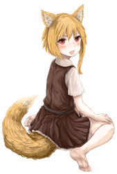Rule 34 | 1girl, animal ear fluff, animal ears, asymmetrical hair, barefoot, belt, black belt, blonde hair, blouse, blush, brown dress, collared shirt, commentary request, cookie (touhou), dress, fang, fox ears, fox girl, fox tail, full body, haiperion buzan, hair between eyes, looking at viewer, looking back, medium hair, miramikaru riran, open mouth, pinafore dress, red eyes, shirt, short sleeves, sidelocks, simple background, sitting, sleeveless dress, smile, solo, tail, white background, white shirt