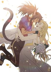 Rule 34 | 2girls, absurdres, adora (she-ra), animal ears, blonde hair, bouquet, brown hair, cat ears, cat girl, cat tail, catra, couple, dress, closed eyes, fingerless gloves, fingernails, flower, freckles, gloves, good end, happy, highres, hug, korean commentary, lifting person, long hair, masters of the universe, multiple girls, oollnoxlloo, ponytail, sharp fingernails, she-ra and the princesses of power, simple background, spoilers, tail, tiara, yuri