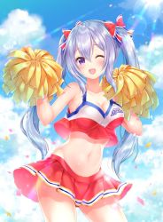 Rule 34 | 1girl, ;d, aoba chise, aoba project, armpits, bare arms, bare shoulders, blue sky, bow, breasts, cheerleader, cleavage, cloud, collarbone, confetti, cowboy shot, crop top, crop top overhang, day, groin, hair between eyes, hair bow, hands up, highres, holding, holding pom poms, lens flare, light purple hair, long hair, looking at viewer, medium breasts, midriff, miniskirt, navel, one eye closed, open mouth, outdoors, pleated skirt, pom pom (cheerleading), purple eyes, red bow, red shirt, red skirt, sakura moyon, shirt, skirt, sky, sleeveless, sleeveless shirt, smile, solo, standing, stomach, sun, sunlight, thighs, twintails, very long hair