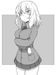 Rule 34 | 1girl, absurdres, bc freedom school uniform, border, cardigan, closed mouth, cowboy shot, crossed arms, diagonal-striped clothes, diagonal-striped neckwear, dress, dress shirt, frown, girls und panzer, greyscale, highres, long sleeves, looking at viewer, medium hair, messy hair, monochrome, necktie, oshida (girls und panzer), outside border, pinafore dress, pleated dress, renshiu, school uniform, shirt, short dress, sleeveless, sleeveless dress, solo, standing, striped clothes, striped necktie, striped neckwear, wing collar