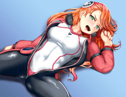Rule 34 | 1girl, aida rayhunton, blue background, blush, bodysuit, breasts, commentary request, covered navel, green eyes, gundam, gundam g no reconguista, hair ornament, highres, long hair, looking at viewer, lying, medium breasts, on back, open mouth, orange hair, shiny clothes, simple background, solo, spread legs, teeth, tongue, unzipped, yellow quokka