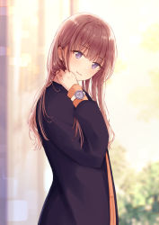Rule 34 | 1girl, black jacket, brown hair, closed mouth, commentary request, hand up, head tilt, jacket, light blush, long hair, long sleeves, looking at viewer, nagidango, open clothes, open jacket, orange shirt, original, purple eyes, shirt, smile, solo, upper body, watch, wristwatch