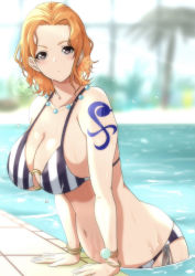 Rule 34 | 1girl, arm tattoo, bikini, bracelet, breasts, jewelry, large breasts, looking at viewer, medium hair, moriton, nami (one piece), necklace, o-ring, o-ring bikini, one piece, one piece: strong world, orange hair, partially submerged, poolside, solo, swimsuit, tattoo, wet