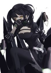 Rule 34 | 1girl, absurdres, belt, black dress, black gloves, black hair, black pantyhose, blurry, boots, breasts, cleavage, cleavage cutout, clothing cutout, cowboy shot, depth of field, dress, drone, gas mask, girls&#039; frontline, gloves, highres, looking at viewer, mask, pantyhose, pointing, pointing at viewer, sangvis ferri, scarecrow (girls&#039; frontline), simple background, sleeves rolled up, solo, thomas 8000, twintails, white background, yellow eyes