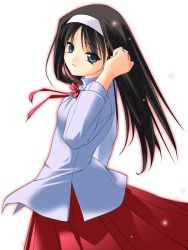 Rule 34 | 00s, 1girl, adjusting hair, black hair, blue eyes, bow, flat chest, hairband, long hair, long skirt, long sleeves, looking at viewer, looking back, red skirt, ribbon, rokuwata tomoe, simple background, skirt, solo, sparkle, tohno akiha, tsukihime, white background, white hairband