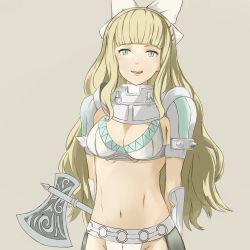 Rule 34 | 1girl, absurdres, akuria, armor, axe, bad id, bad pixiv id, bikini armor, blonde hair, blue eyes, bow, charlotte (fire emblem), fire emblem, fire emblem fates, hair bow, highres, licking lips, long hair, nintendo, simple background, solo, tongue, tongue out, weapon