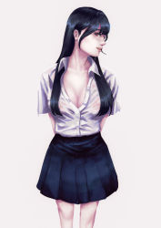 Rule 34 | 1girl, arms behind back, bare legs, black hair, blouse, blue skirt, breasts, buttons, cleavage, collared shirt, dripping, eyelashes, highres, hot, lips, long hair, looking at viewer, looking to the side, open collar, original, portrait, recnelis, red eyes, school uniform, shirt, short sleeves, sidelocks, simple background, skirt, smile, summer, sweat, nervous sweating, sweaty clothes, turning head, wet, wet clothes, white background, white shirt