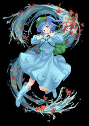 Rule 34 | 1girl, absurdres, backpack, bag, black background, blue eyes, blue footwear, blue hair, blue shirt, blue skirt, boots, flat cap, full body, green bag, green hat, hair bobbles, hair ornament, hat, hayaten, highres, kawashiro nitori, key, leaf, long sleeves, looking at viewer, maple leaf, open mouth, pocket, rubber boots, shirt, simple background, skirt, solo, touhou, two side up