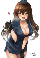Rule 34 | 1girl, :d, alternate costume, anchor symbol, ashigara (kancolle), black gloves, blush, breasts, brown eyes, brown hair, cleavage, collarbone, cowboy shot, cuffs, dated, fang, fang out, gloves, hair between eyes, heart, kantai collection, large breasts, long hair, open mouth, shackles, short sleeves, signature, simple background, smile, solo, toka (marchlizard), white background
