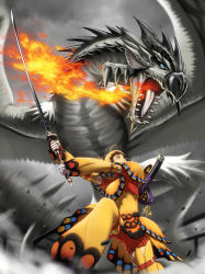 Rule 34 | 1girl, ahoge, armor, battle, blonde hair, blue eyes, butterfly wings, capcom, dragon, fire, insect wings, katana, monster hunter, monster hunter (series), monster hunter portable, monster hunter portable 2nd, monster hunter portable 2nd g, polarityplus, pteruges, revision, rhopessa (armor), scabbard, sheath, short hair, shorts, silver rathalos, sword, weapon, wings, wyvern