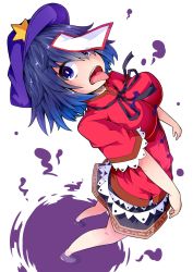 Rule 34 | 1girl, arched back, black footwear, blue eyes, blue hair, breasts, cabbie hat, from above, full body, grave, hat, highres, hitodama, ishimu, legs, looking at viewer, matching hair/eyes, miyako yoshika, open mouth, perspective, purple skirt, red shirt, ribbon, shirt, shoes, short hair, short sleeves, skirt, solo, star (symbol), talisman, teeth, tongue, tongue out, touhou, white background