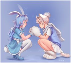 Rule 34 | 2girls, animal ears, animal hands, apron, blue dress, blue hair, blue sweater, breath, cat ears, cat tail, cold, corrupted metadata, dress, elin, gloves, green eyes, hair bun, highres, holding hands, long hair, maid, mary janes, mavoly, multiple girls, paw gloves, paw shoes, rabbit ears, rabbit tail, red eyes, scarf, shirt, shoes, short hair, silver hair, single hair bun, skirt, squatting, sweater, sweater vest, tail, tera online, thighhighs, white gloves, white legwear, white scarf, white shirt, white skirt