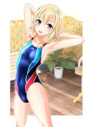 Rule 34 | 1girl, absurdres, arms behind head, bench, blonde hair, blue one-piece swimsuit, blurry, blurry background, breasts, commentary request, competition swimsuit, covered navel, cowboy shot, hair bobbles, hair ornament, hairband, high school fleet, highres, medium hair, multicolored clothes, multicolored swimsuit, one-piece swimsuit, open mouth, plant, potted plant, purple hair, small breasts, solo, standing, swimsuit, takafumi, wakasa reo, white hairband