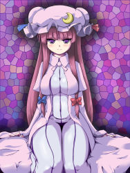 Rule 34 | 1girl, blush, breasts, coo (coonekocoo), curvy, female focus, hat, highres, large breasts, long hair, moon, mosaic background, naughty face, patchouli knowledge, purple background, purple eyes, purple hair, smile, solo, touhou