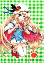 Rule 34 | blonde hair, blue eyes, cape, casual, hat, ichiha sanami, kud wafter, little busters!, long hair, noumi kudryavka, solo, thighhighs, traditional media