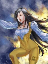 Rule 34 | 1girl, arm up, bad id, bad twitter id, black hair, bodysuit, boots, breasts, brown eyes, buckle, cameltoe, cleavage, commentary request, final fantasy, final fantasy ix, from side, garnet til alexandros xvii, highres, long hair, long sleeves, looking away, low-tied long hair, non (nonbiriya mini), orange bodysuit, puffy sleeves, solo, standing, very long hair