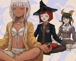 Rule 34 | 3girls, :3, bikini, bikini under clothes, black jacket, blue background, blunt bangs, blush stickers, breasts, brown background, brown hair, brown legwear, brown vest, buttons, chabashira tenko, choker, clenched teeth, closed eyes, collarbone, collared shirt, danganronpa (series), danganronpa v3: killing harmony, dark-skinned female, dark skin, double-breasted, female focus, grey shirt, hair ornament, highres, jacket, jewelry, kneehighs, long hair, medium breasts, midriff, multicolored background, multiple girls, navel, necklace, open clothes, open jacket, orange jacket, pantyhose, pink choker, pleated skirt, red hair, red skirt, renshu usodayo, shell, shell necklace, shirt, short hair, skirt, small breasts, smile, socks, star (symbol), star hair ornament, swimsuit, teeth, twintails, upper teeth only, vest, yoga, yonaga angie, yumeno himiko