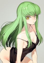 Rule 34 | 1girl, ass, bare arms, bare shoulders, breasts, c.c., camisole, cleavage, code geass, creayus, green hair, hair ornament, long hair, looking at viewer, simple background, solo, strap slip, underwear, underwear only, yellow eyes