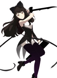 Rule 34 | 1girl, bad id, bad nicoseiga id, bare shoulders, black footwear, black hair, black pantyhose, blake belladonna, bow, commentary request, garter straps, hair bow, highres, holding, holding weapon, long hair, looking at viewer, pantyhose, rwby, shirt, shoes, simple background, sleeveless, sleeveless shirt, solo, thighhighs, weapon, white background, yellow eyes, yui tsuda