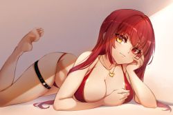 Rule 34 | 1girl, bad id, bad twitter id, bare arms, bare legs, bare shoulders, barefoot, beige background, bikini, breasts, cleavage, closed mouth, collarbone, feet, head rest, heart, heart necklace, heterochromia, highres, hololive, houshou marine, houshou marine (summer), jewelry, large breasts, light smile, long hair, looking at viewer, lying, necklace, o-ring, o-ring thigh strap, pirate, red bikini, red eyes, scturkv0921, simple background, solo, swimsuit, thigh strap, virtual youtuber, yellow eyes