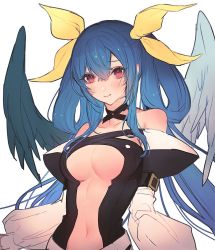 Rule 34 | 1girl, angel wings, asymmetrical wings, bare shoulders, belt, black choker, blue hair, blush, breasts, center opening, choker, closed mouth, collarbone, detached sleeves, dizzy (guilty gear), eyelashes, guilty gear, guilty gear x, guilty gear xx, hair between eyes, hair ribbon, hair rings, highres, large breasts, long hair, looking at viewer, midriff, navel, open mouth, oro (sumakaita), red eyes, ribbon, sidelocks, simple background, sketch, smile, solo, stomach, twintails, underboob, upper body, white background, wings, yellow ribbon