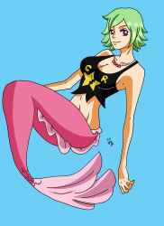 Rule 34 | 1girl, absurdres, angelfish, black tank top, breasts, camie (one piece), character name, cleavage, female focus, fins, fish, fish tail, fishman island, green hair, highres, jewelry, large breasts, looking at viewer, mermaid, monster girl, necklace, ocean, one piece, pink tail, pink theme, purple eyes, short hair, smile, solo, swimming, tail, tank top, underwater, water