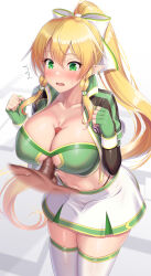 Rule 34 | 1boy, 1girl, blonde hair, blush, braid, breasts, censored, commentary request, elf, fantasy, feet out of frame, fingerless gloves, gloves, green eyes, green nails, hair between eyes, hetero, highres, kawase seiki, large breasts, leafa, long hair, long sleeves, looking at viewer, miniskirt, mosaic censoring, navel, open clothes, open mouth, paizuri, penis, pointy ears, ponytail, skirt, stomach, sword art online, teeth, thighhighs, twin braids, very long hair, white thighhighs, zettai ryouiki